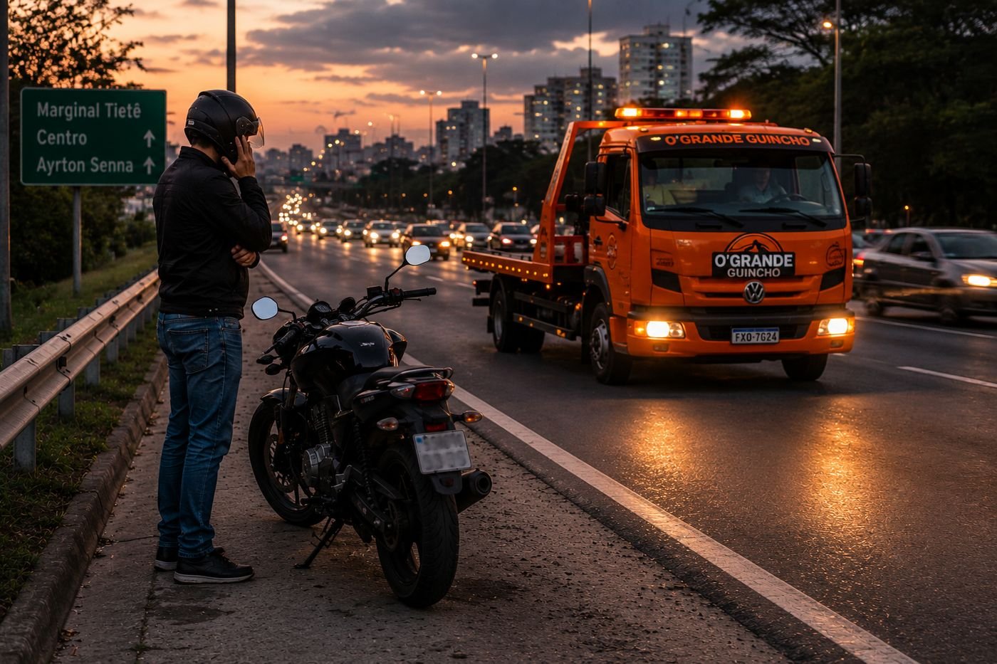 Caminhão guincho laranja atendendo motociclista com moto quebrada no acostamento da Marginal Tietê, em São Paulo, ao entardecer