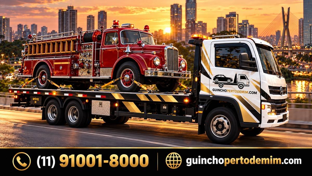 Caminhão de bombeiros antigo transportado na plataforma do guincho com a cidade ao fundo — Guincho para Carro Clássico em São Paulo