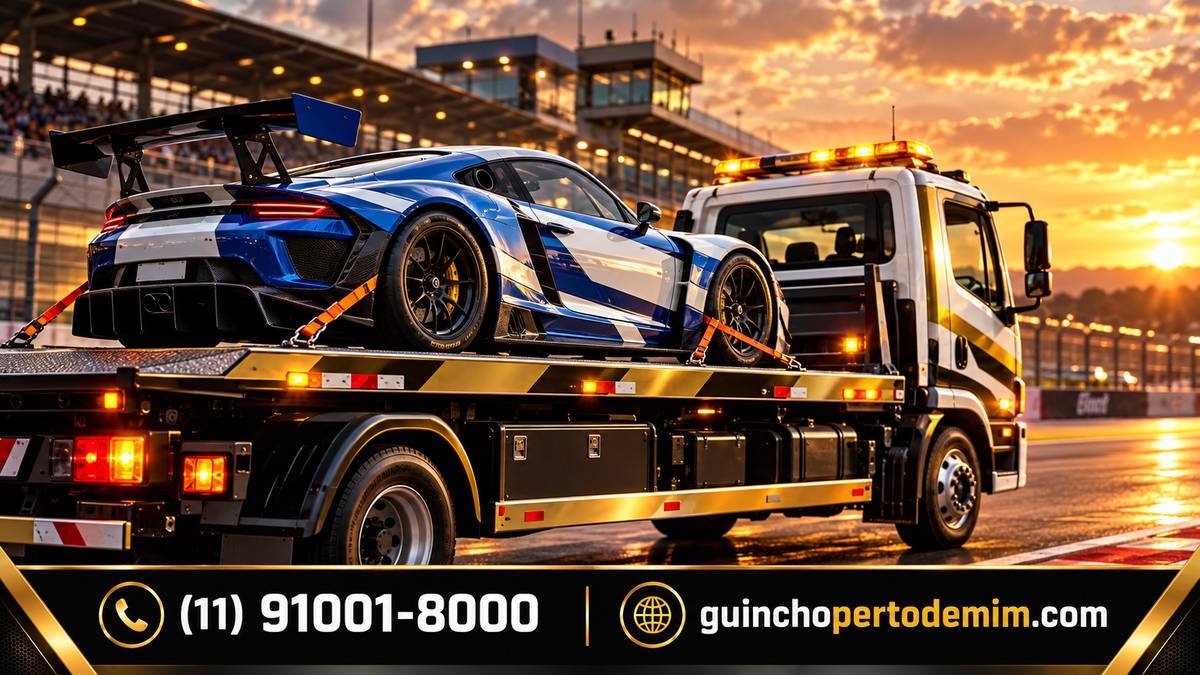 Carro de corrida GT azul e branco amarrado na plataforma do guincho dentro do autódromo — Guincho para Carro de Corrida em São Paulo