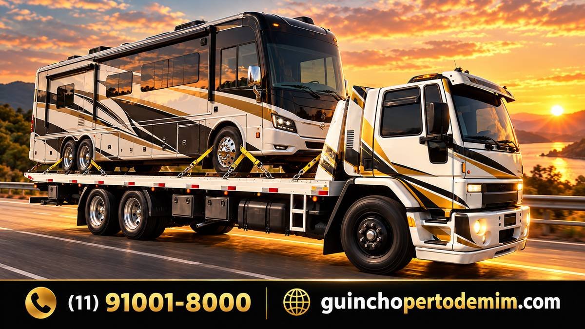 Motorhome de grande porte carregado na plataforma do guincho em estrada litorânea — Guincho para Motorhome em São Paulo