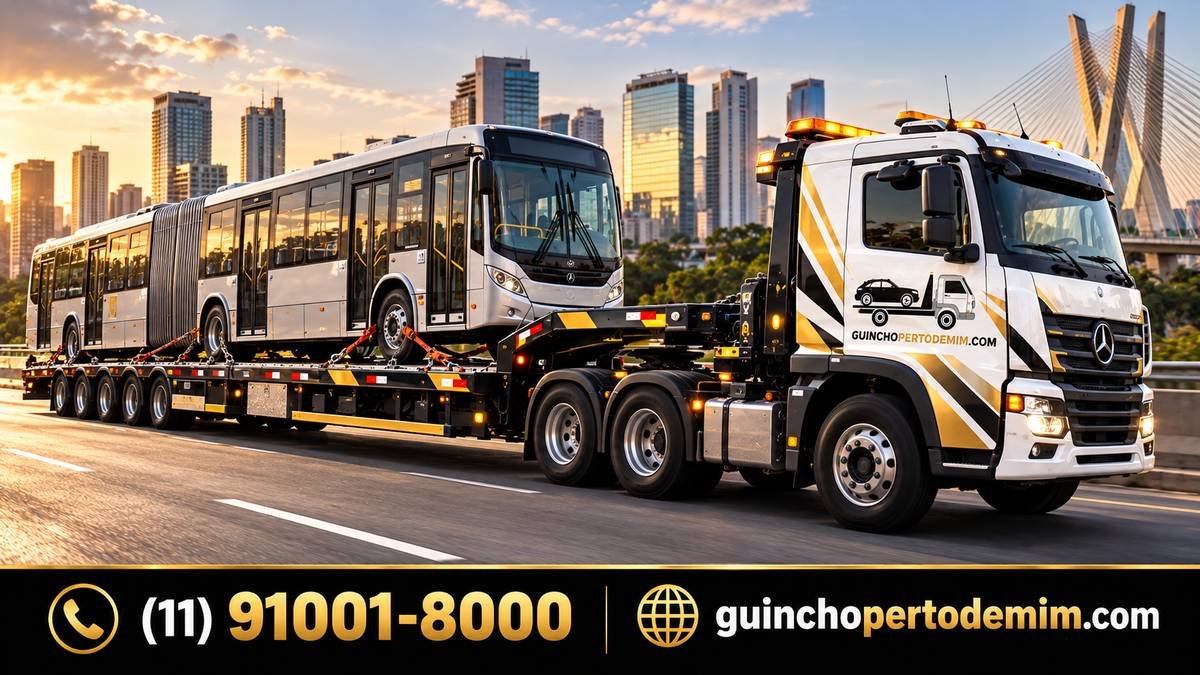 Ônibus articulado transportado sobre prancha do guincho com a ponte estaiada ao fundo — Guincho para Ônibus em São Paulo