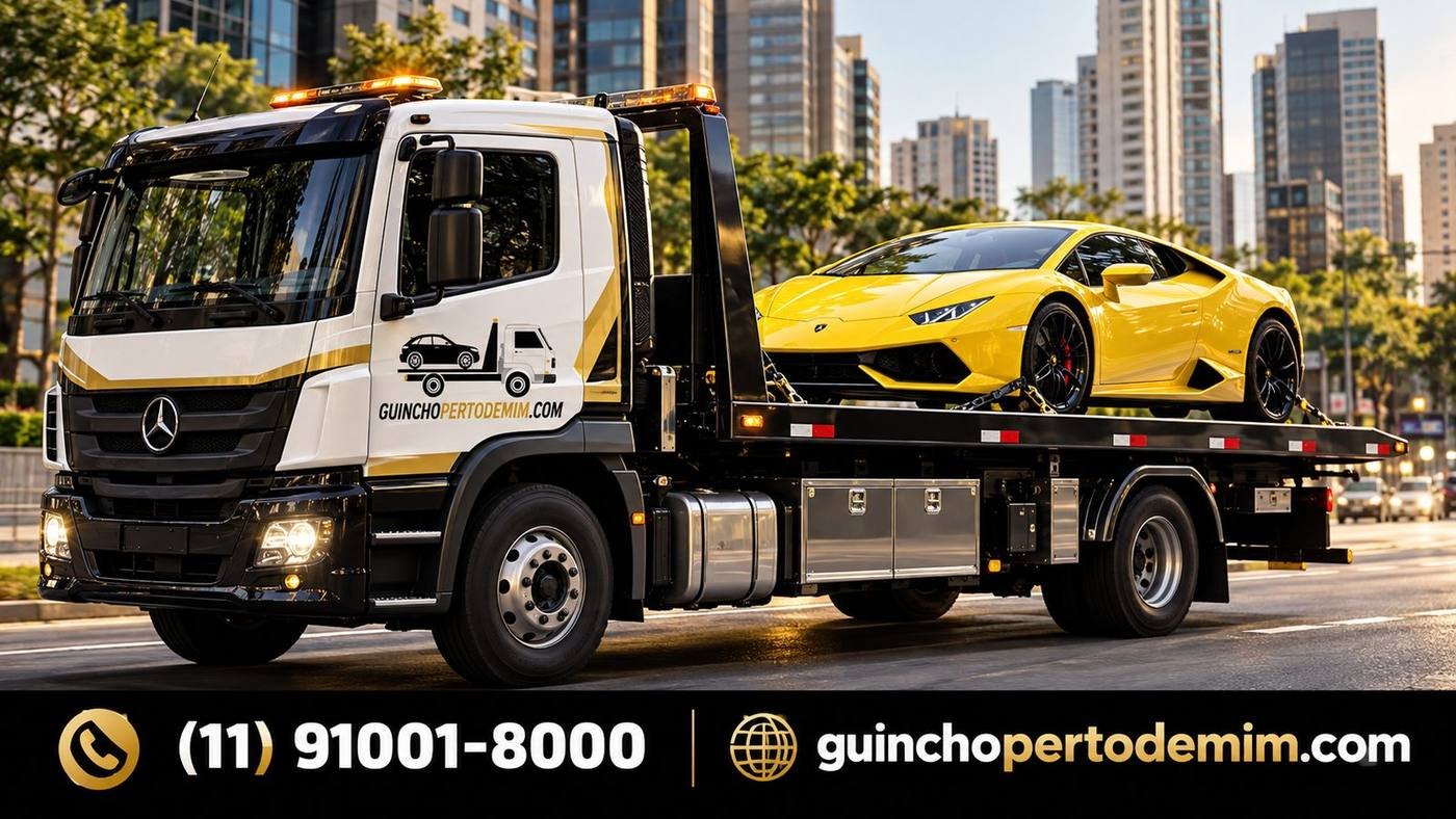 Guincho plataforma levando supercarro pela cidade — Guincho para Carro de Corrida em São Paulo — (11) 91001-8000