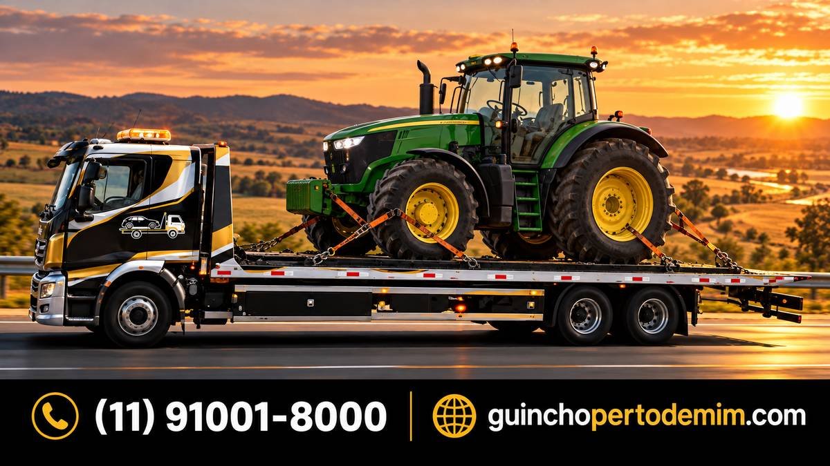 Trator agrícola amarrado na plataforma do guincho — Transporte de Colheitadeira em São Paulo