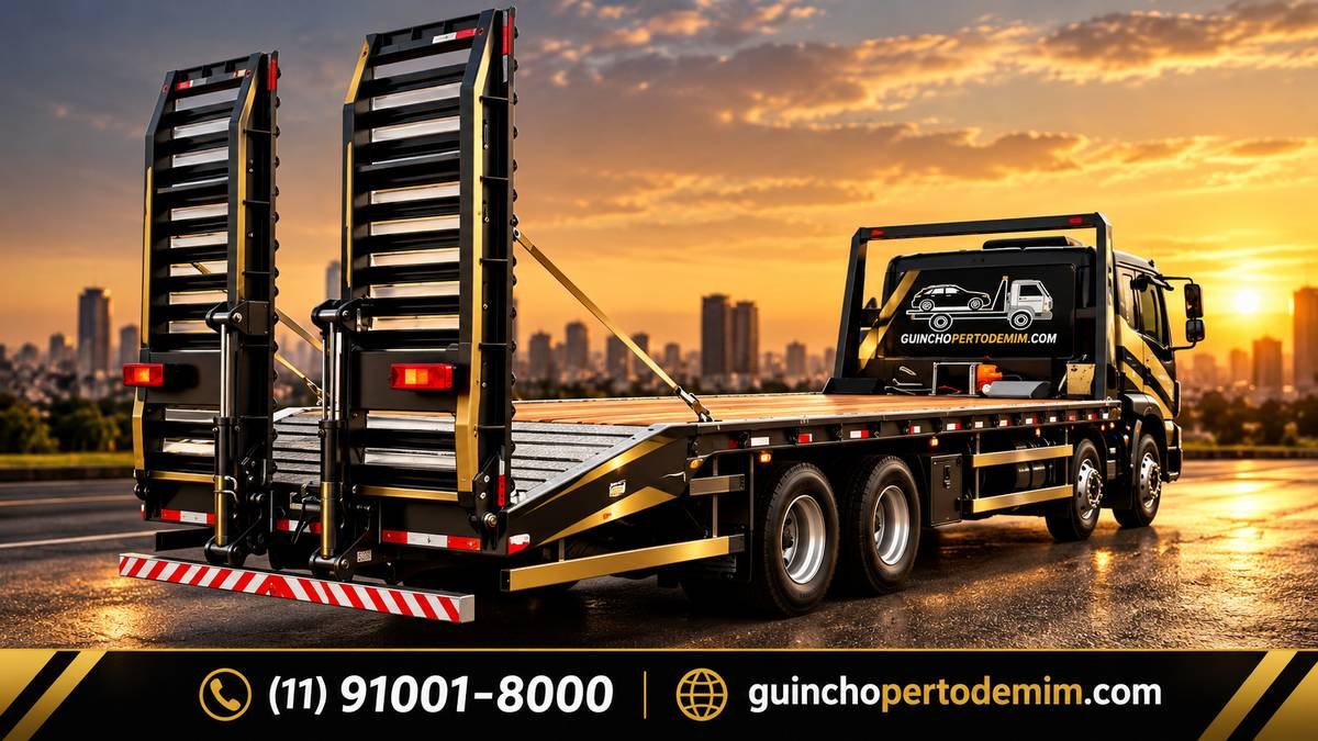 Plataforma do guincho com rampas hidráulicas estendidas pronta para receber o motorhome — Guincho para Motorhome em São Paulo