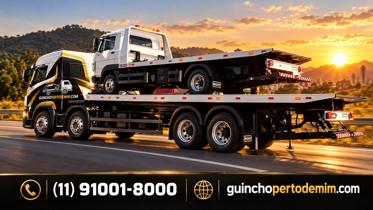 Prancha do guincho transportando caminhão de grande porte — Transporte de Carga Extralonga em São Paulo