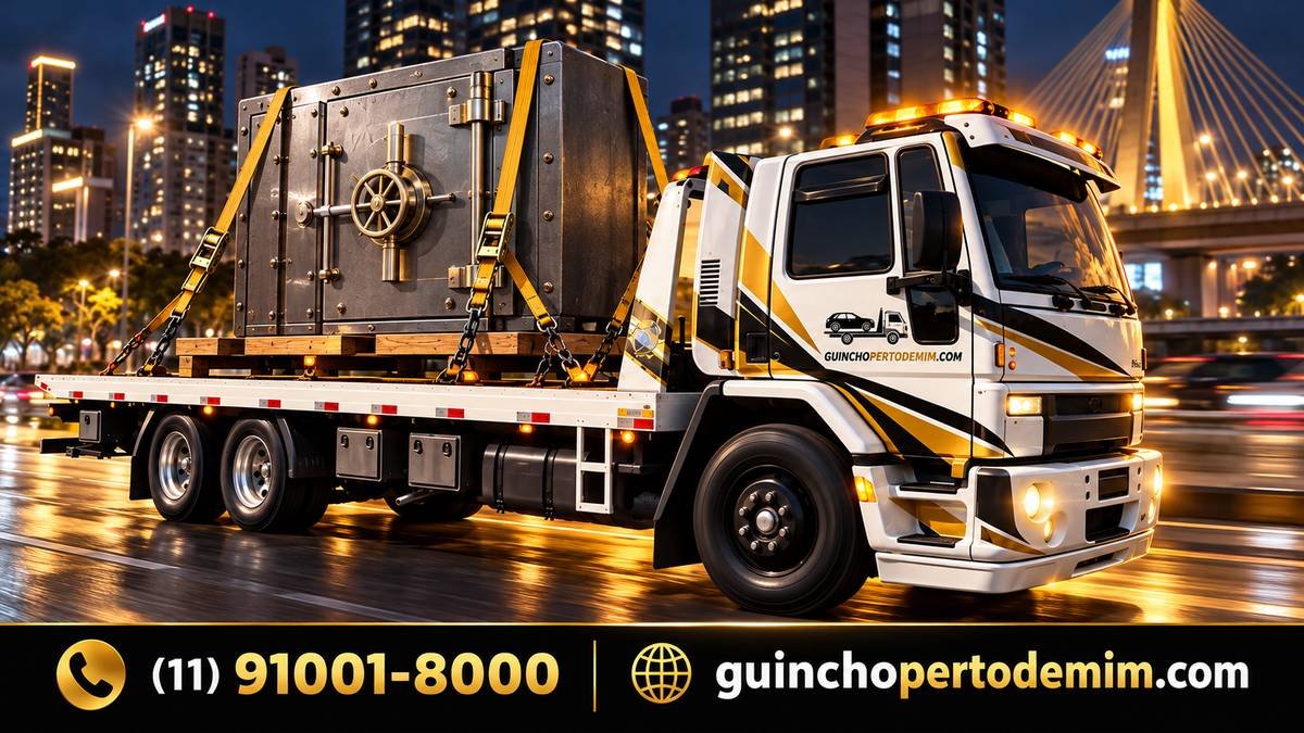 Cofre blindado de grande porte transportado com cintas na plataforma do guincho à noite — Transporte de Contêiner em São Paulo