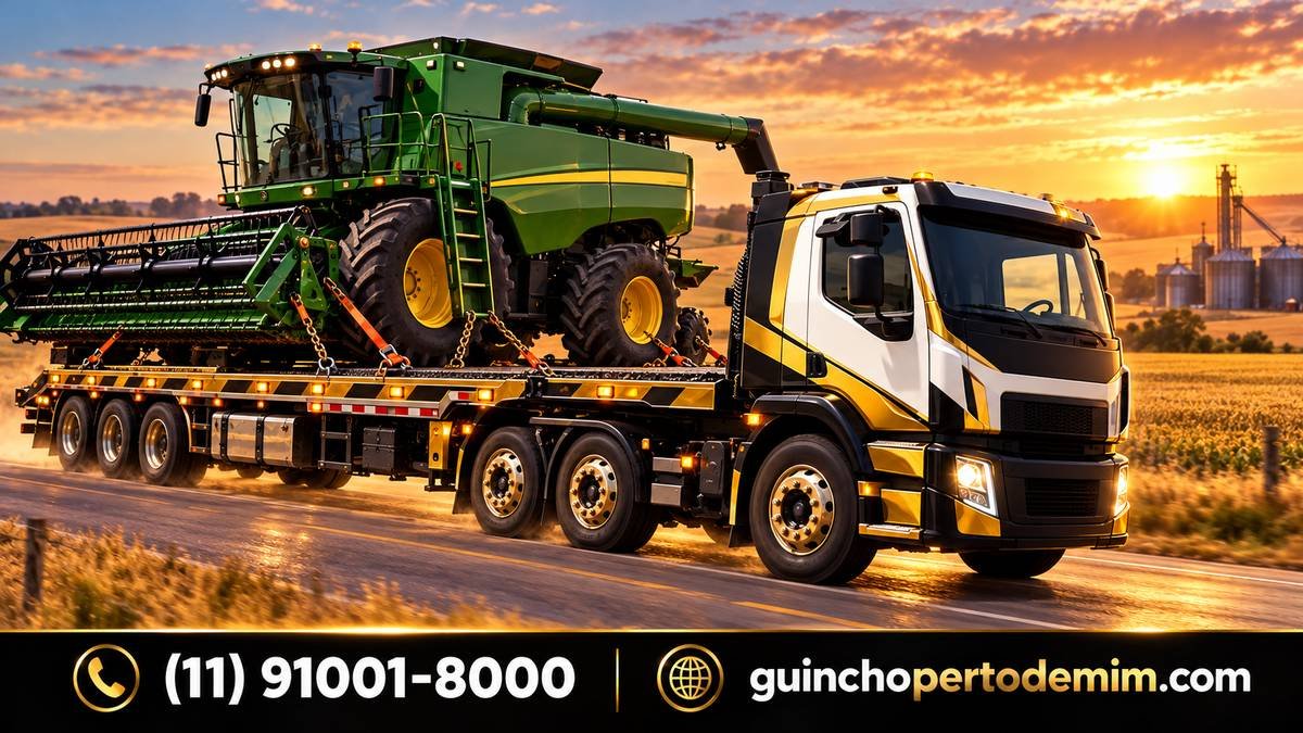 Colheitadeira verde carregada na prancha do guincho em estrada rural ao pôr do sol — Transporte de Colheitadeira em São Paulo