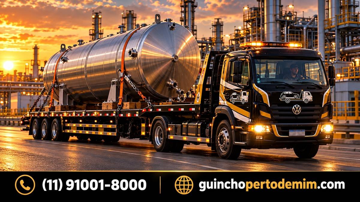 Tanque industrial de inox transportado na prancha do guincho em frente à refinaria — Transporte de Equipamento Industrial em São Paulo