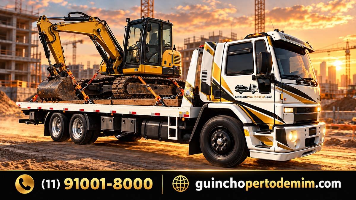 Escavadeira sobre a prancha do guincho em canteiro de obras ao entardecer — Transporte de Escavadeira em São Paulo