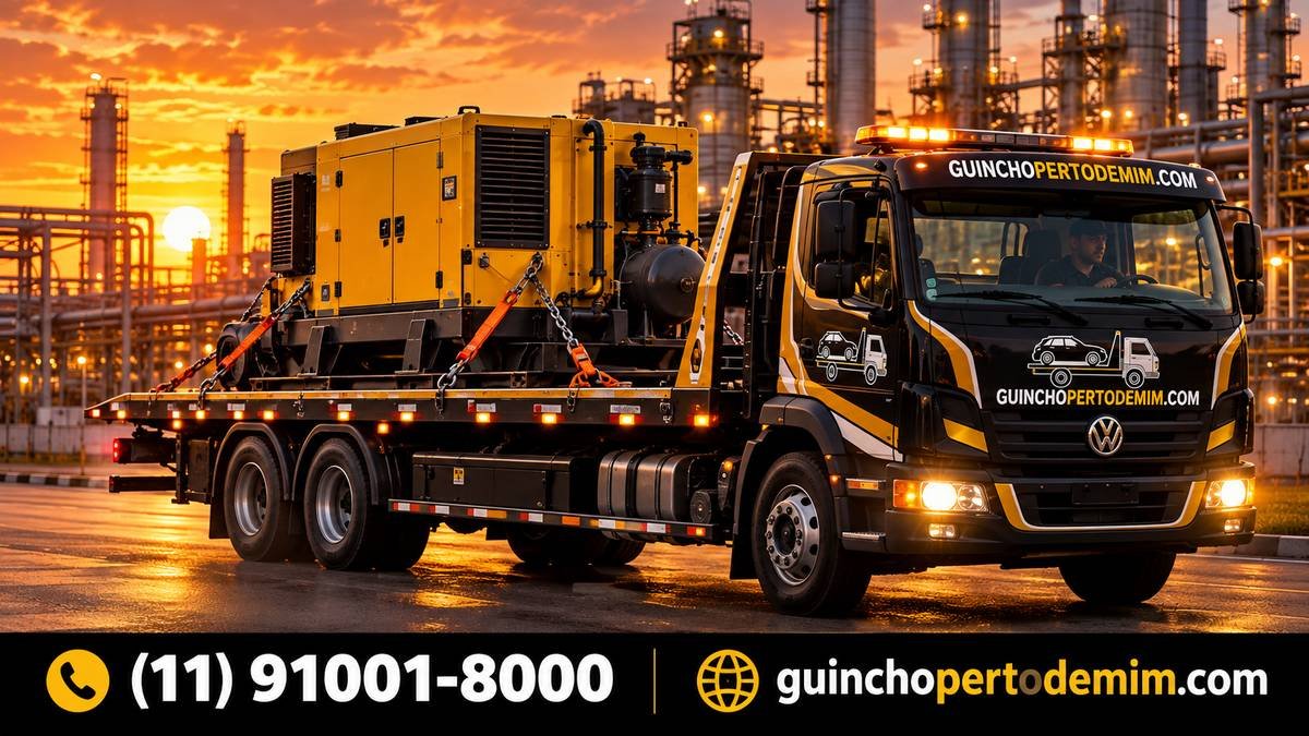 Gerador industrial amarelo carregado na plataforma do guincho ao entardecer — Transporte de Equipamento Industrial em São Paulo