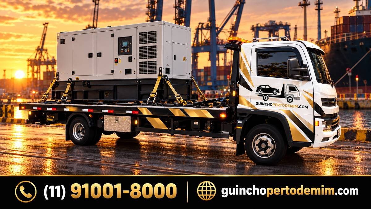 Gerador de grande porte transportado pelo guincho na área portuária — Transporte de Contêiner em São Paulo