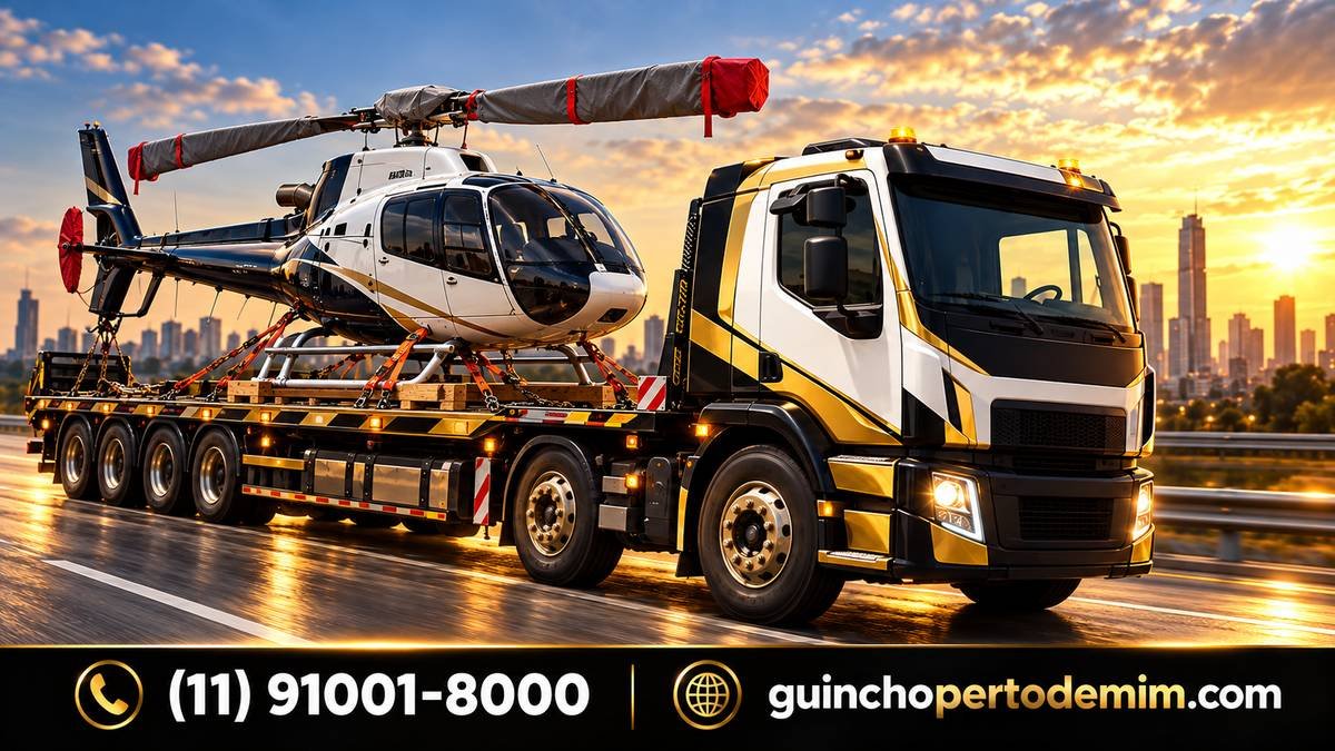 Helicóptero com pás protegidas sendo transportado sobre prancha do guincho na marginal — Transporte de Helicóptero em São Paulo