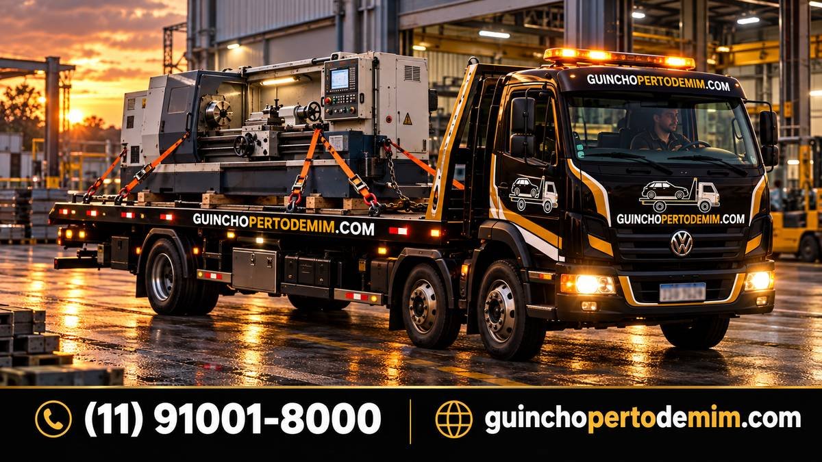 Torno CNC amarrado sobre a plataforma do guincho dentro da fábrica — Transporte de Equipamento Industrial em São Paulo