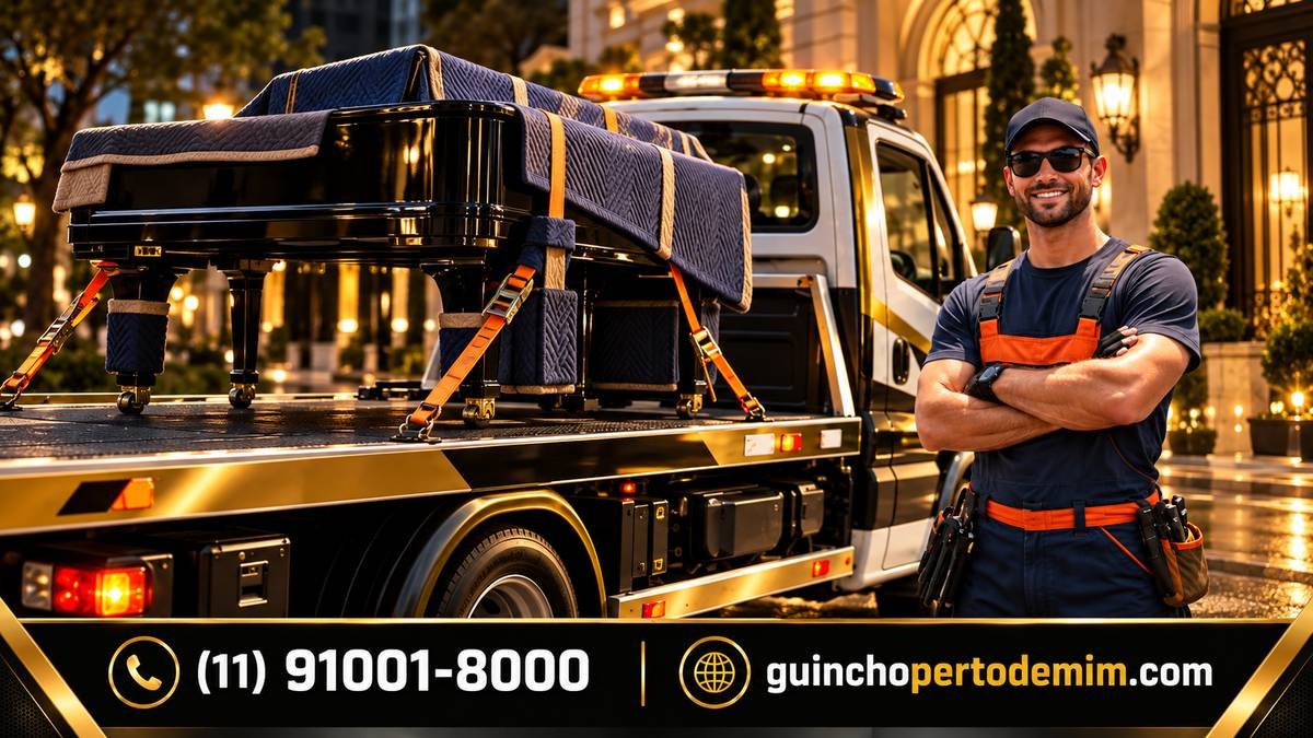 Piano de cauda protegido com mantas e cintas na plataforma do guincho, com o operador ao lado — Transporte de Cargas Especiais em São Paulo