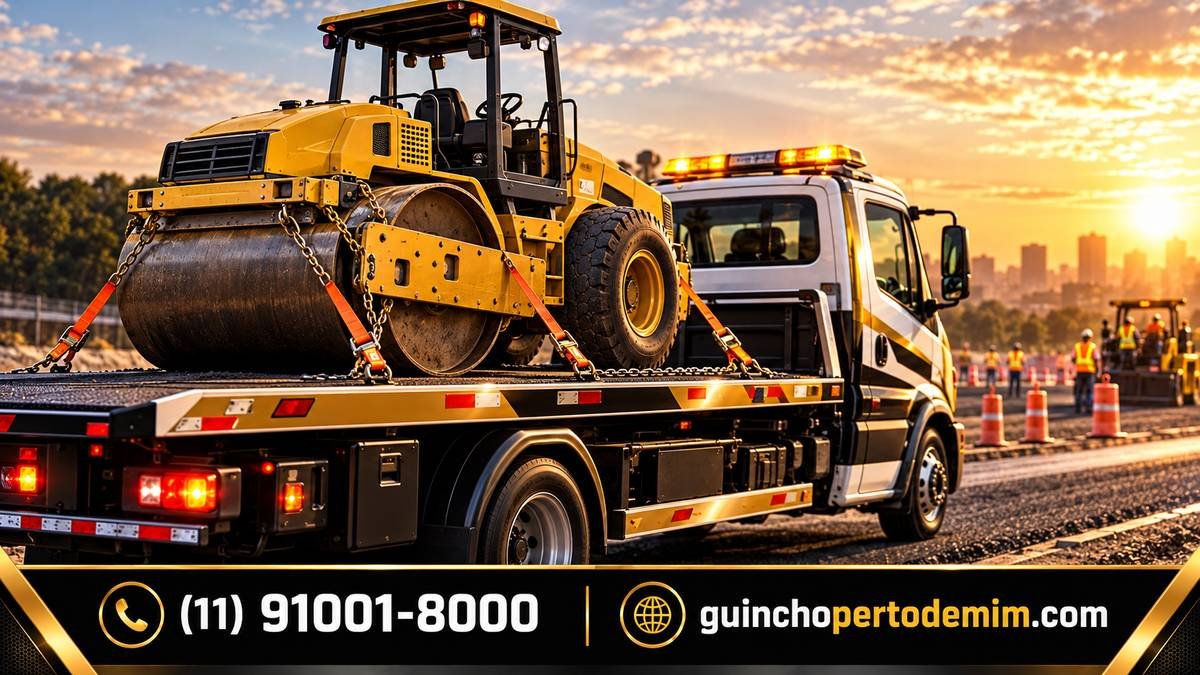 Rolo compactador amarrado na plataforma do guincho em obra de pavimentação — Transporte de Escavadeira em São Paulo